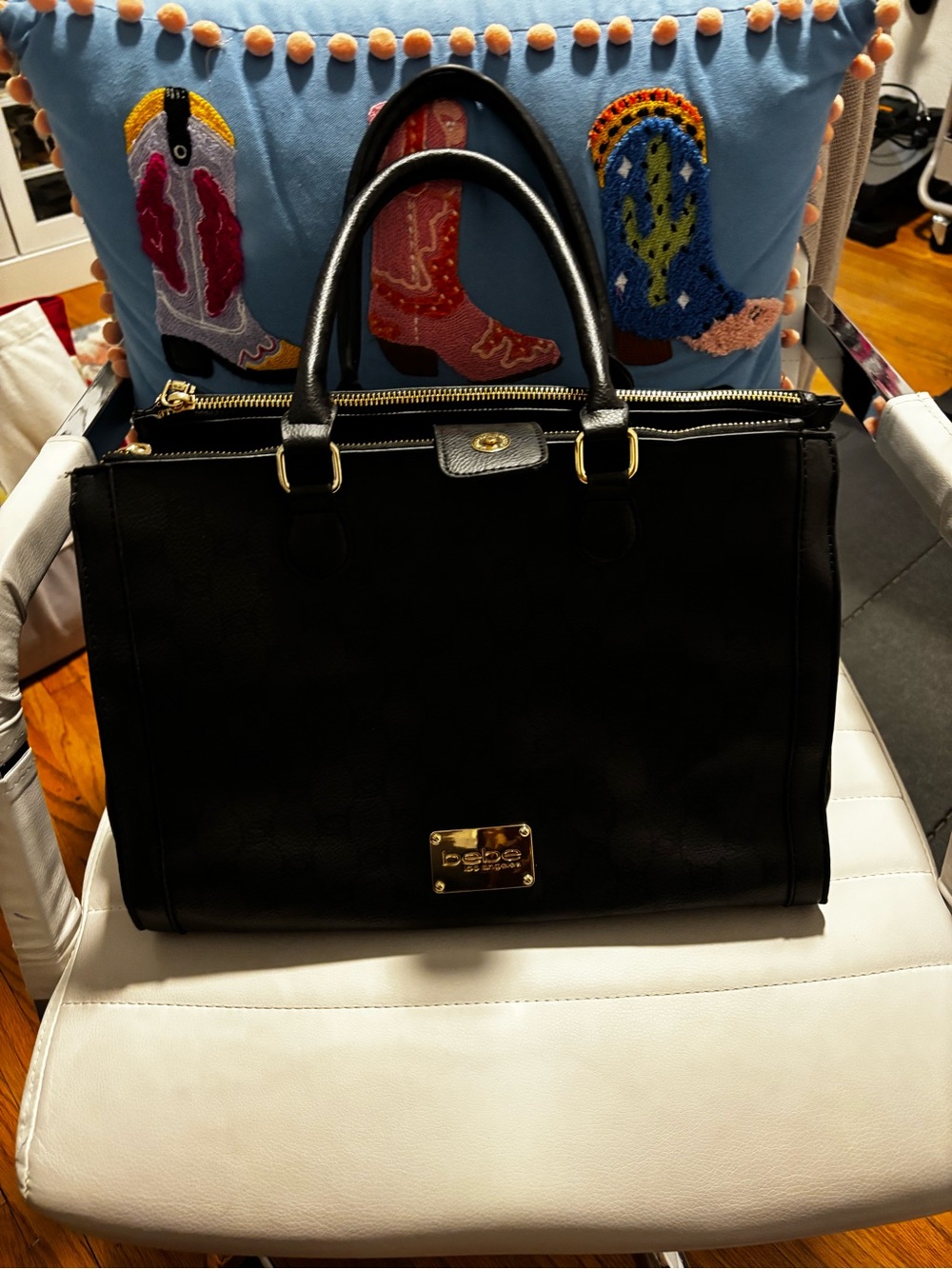 bebe Black Satchel with Gold Hardware
